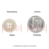 A Khakis, Chinos and Casual Cotton Pant Button (15mm durable nylon) is shown next to a 17.91mm US dime for size comparison.