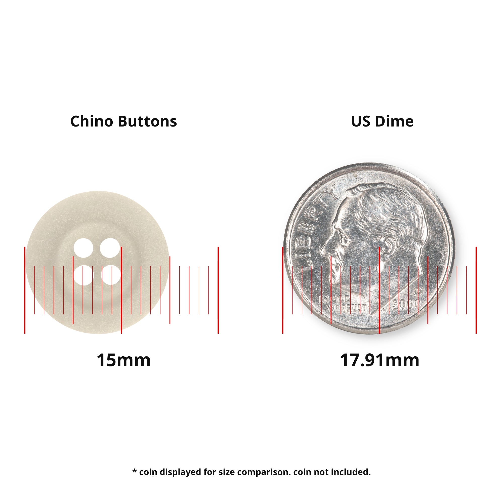 A Khakis, Chinos and Casual Cotton Pant Button (15mm durable nylon) is shown next to a 17.91mm US dime for size comparison.