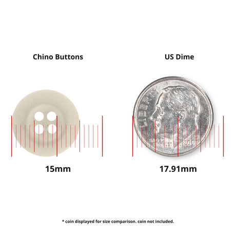 A Khakis, Chinos and Casual Cotton Pant Button (15mm durable nylon) is shown next to a 17.91mm US dime for size comparison.