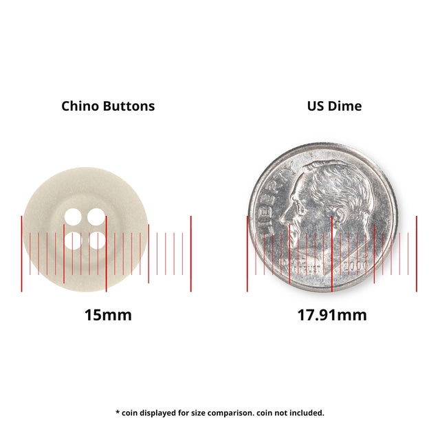 A Khakis, Chinos and Casual Cotton Pant Button (15mm durable nylon) is shown next to a 17.91mm US dime for size comparison.