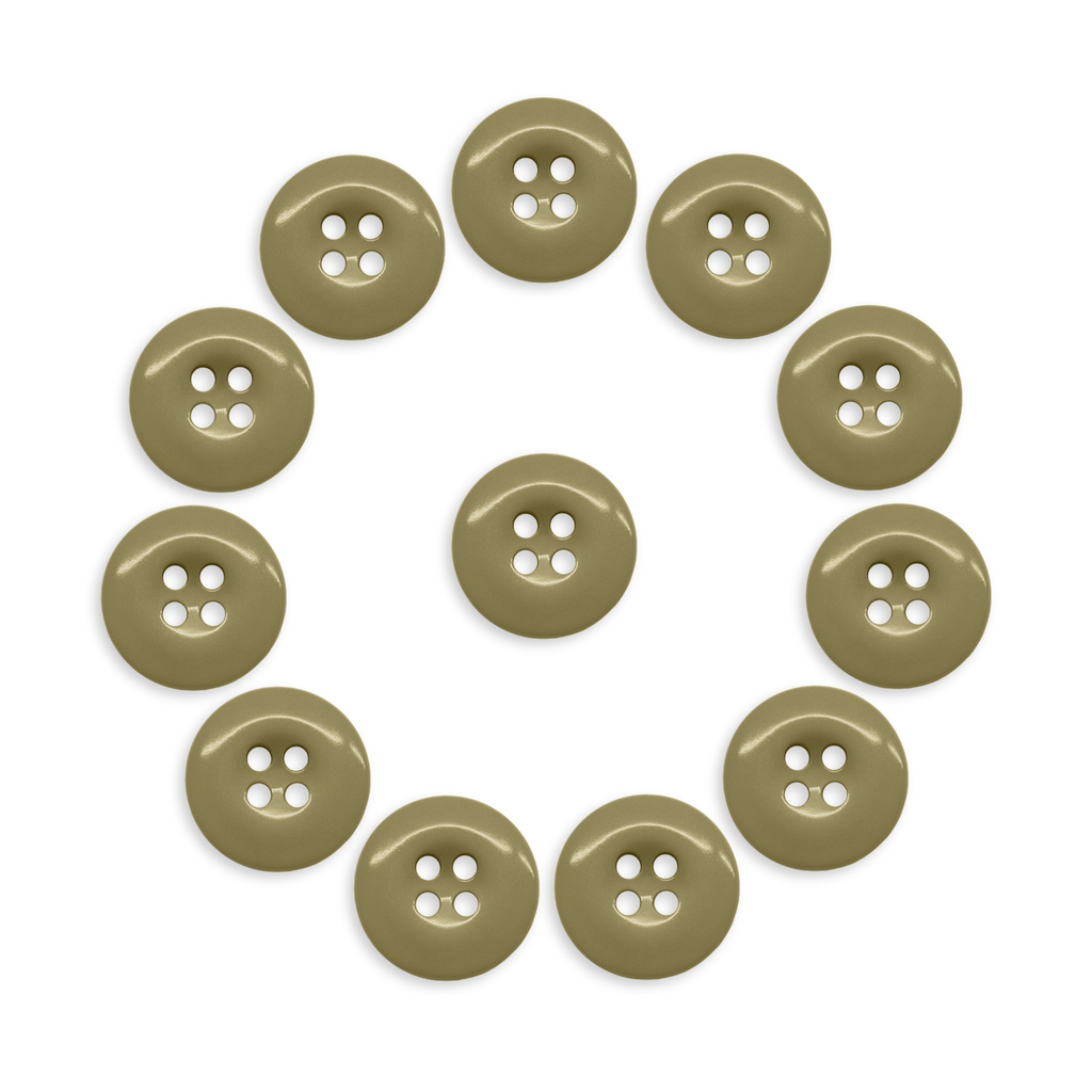 Twelve olive green Work Pants Buttons form a circle around one button, all displayed on a white background.