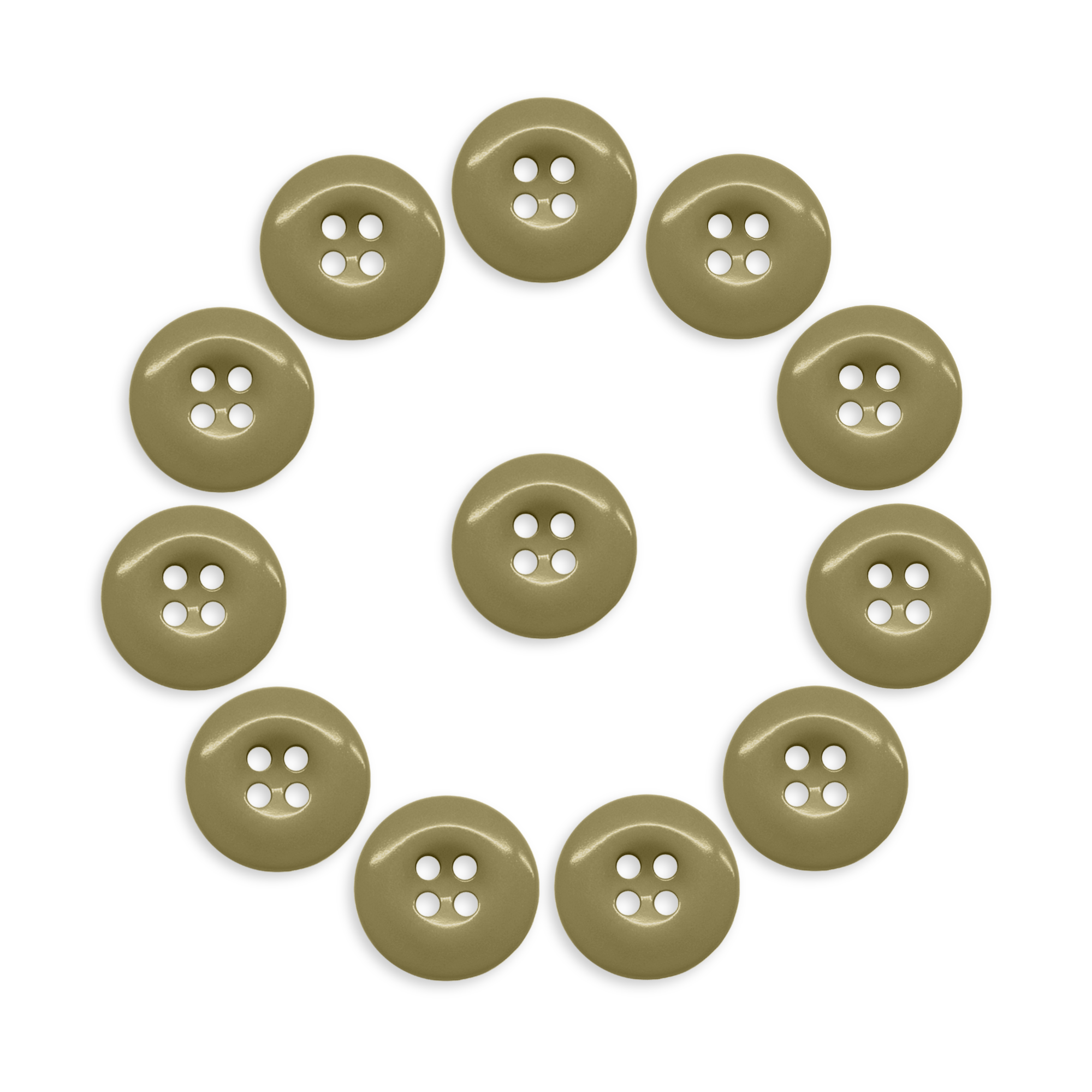 Twelve olive green Work Pants Buttons form a circle around one button, all displayed on a white background.