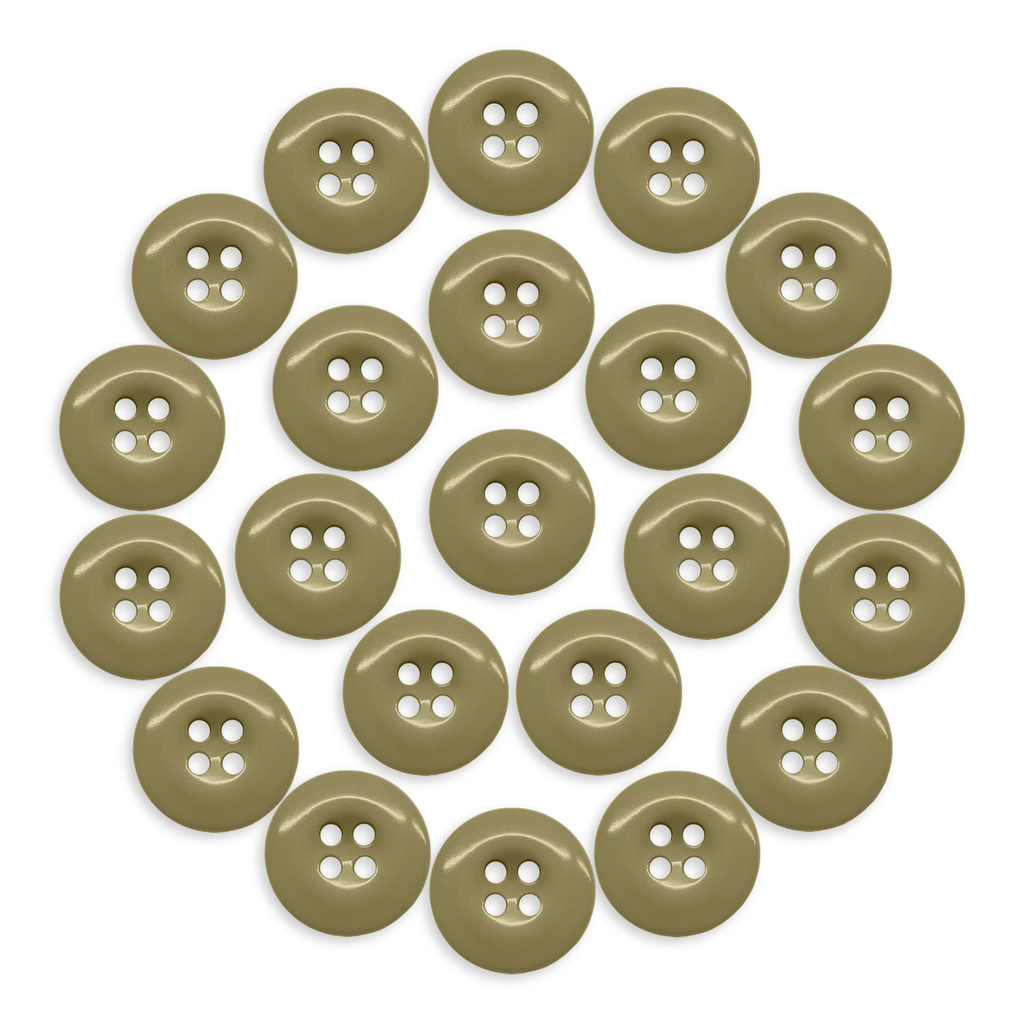Twenty-two olive-green Work Pants Buttons arranged in a neat circle on a white background.
