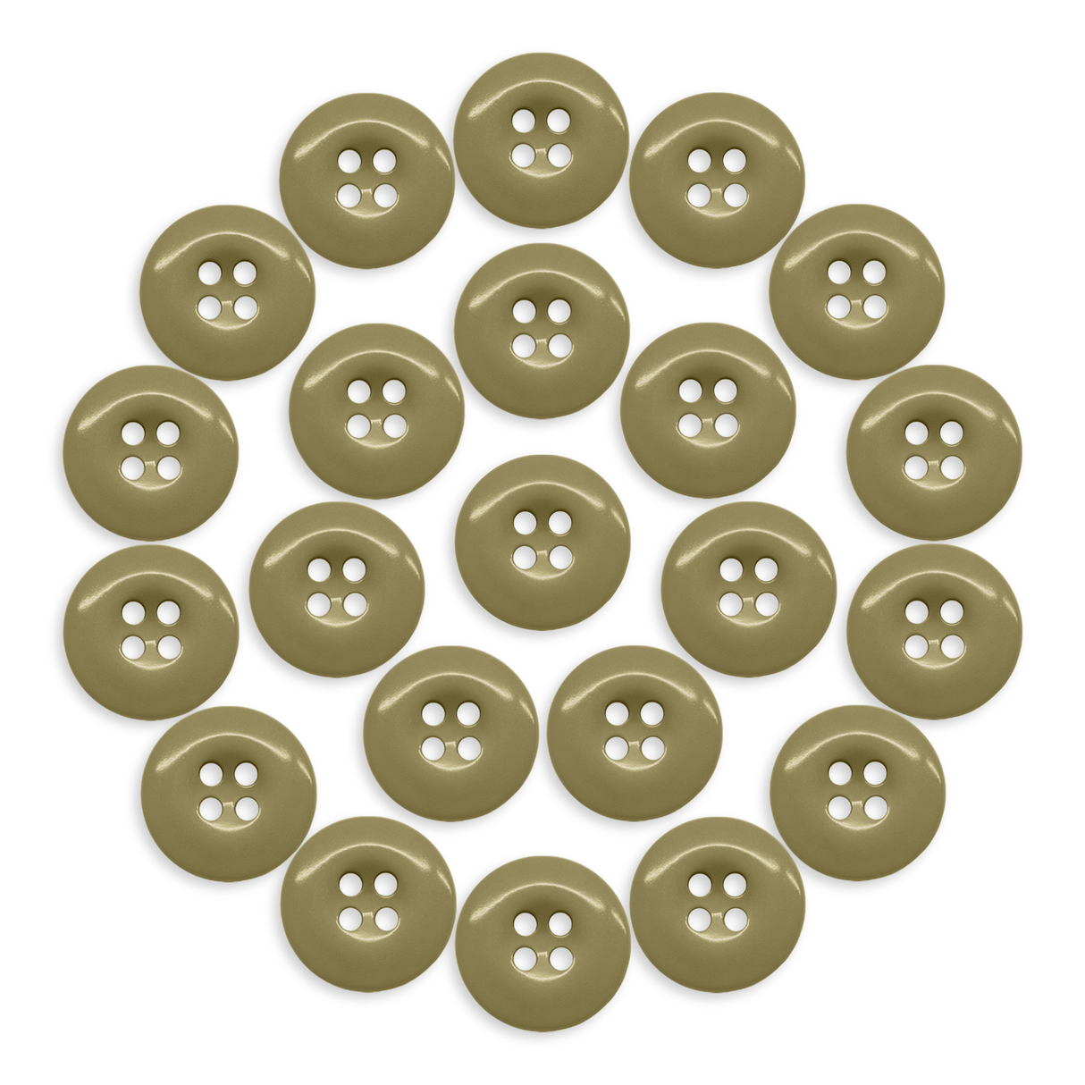 Twenty-two olive-green Work Pants Buttons arranged in a neat circle on a white background.