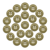 Twenty-two olive-green Work Pants Buttons arranged in a neat circle on a white background.