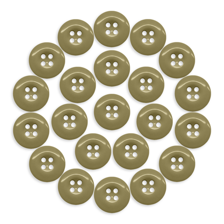 Twenty-two olive-green Work Pants Buttons arranged in a neat circle on a white background.