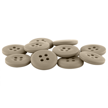 A pile of beige, round, four-hole Khakis, Chinos and Casual Cotton Pant Buttons scattered on a white background—ideal as replacement buttons for shirts or pants.