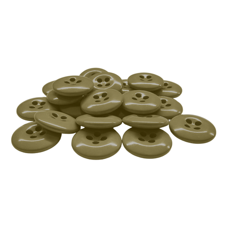 A pile of round, brown Work Pants Buttons with four holes is displayed on a white background.