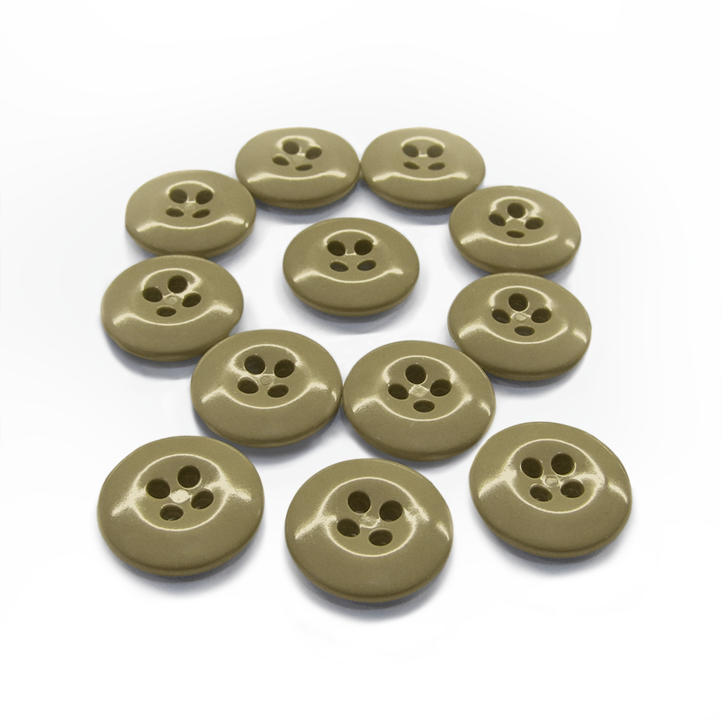 Twelve tan Work Pants Buttons, each round with four holes and a military-grade finish, are arranged in a circle on a white background.