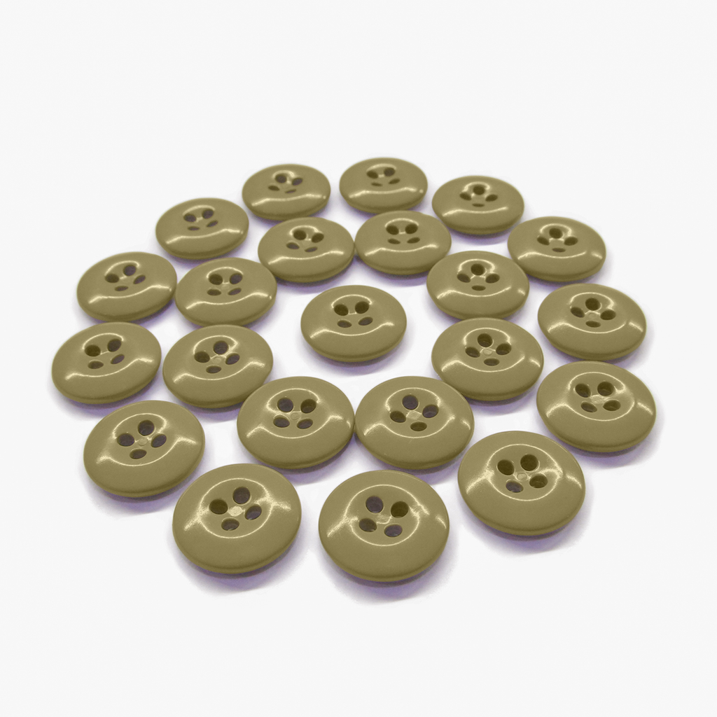Twenty-two beige Work Pants Buttons arranged in a circular pattern on a white background.