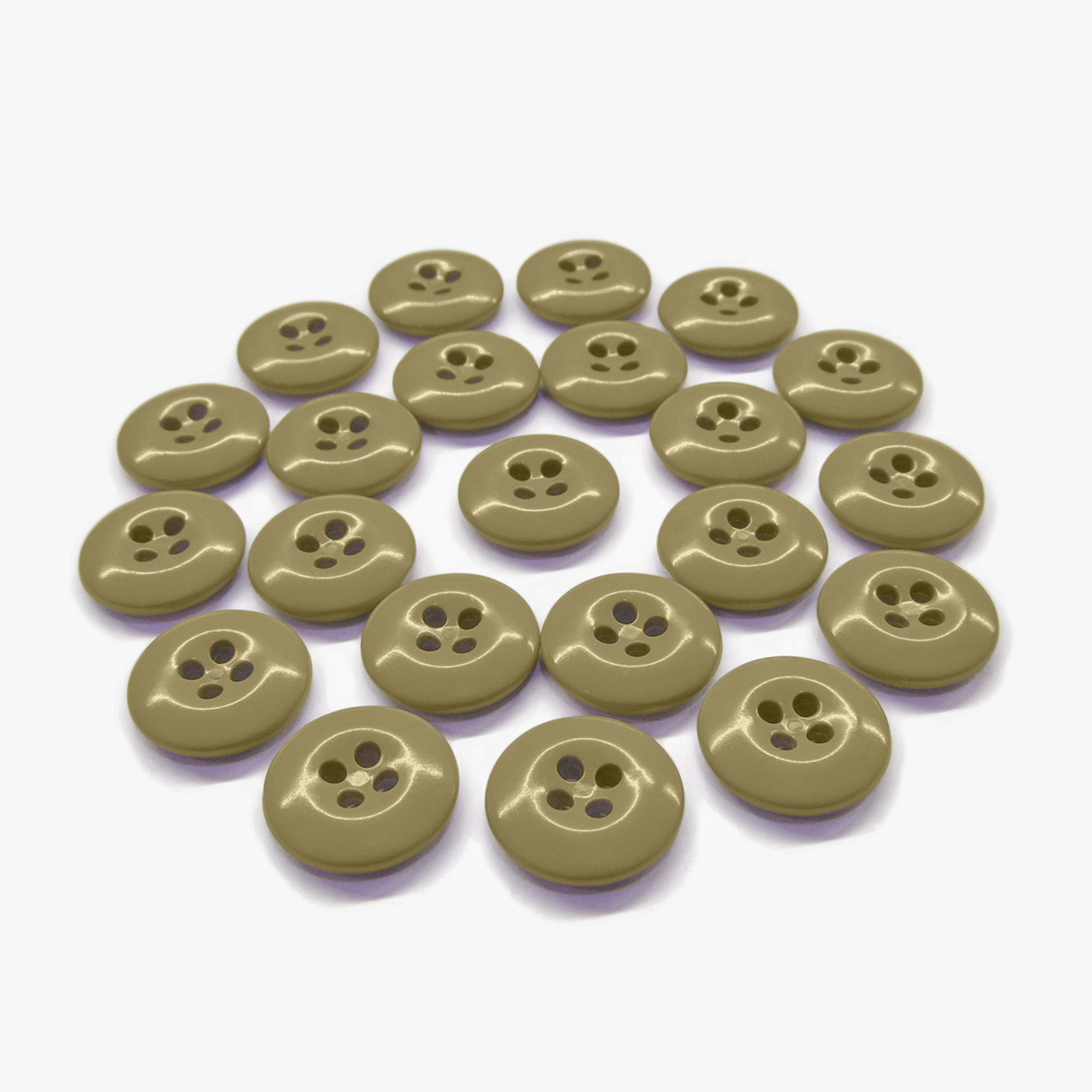 Twenty-two beige Work Pants Buttons arranged in a circular pattern on a white background.