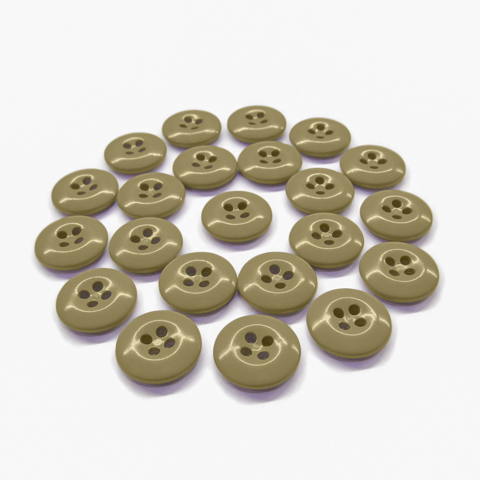 Twenty-two beige Work Pants Buttons arranged in a circular pattern on a white background.