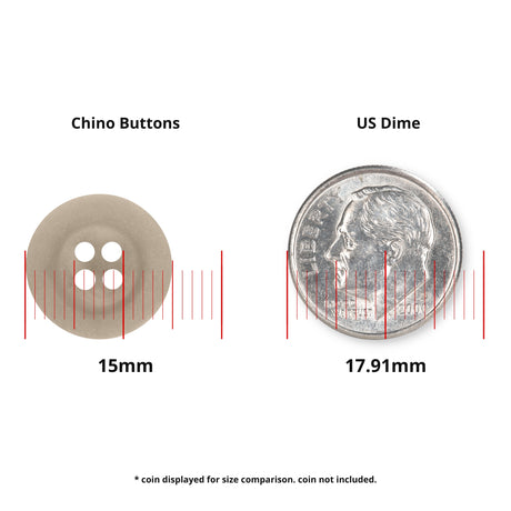 The Khakis, Chinos and Casual Cotton Pant Button (15mm, durable nylon) is shown next to a 17.91mm US dime with measurement lines for size reference; perfect for khaki or black pants.