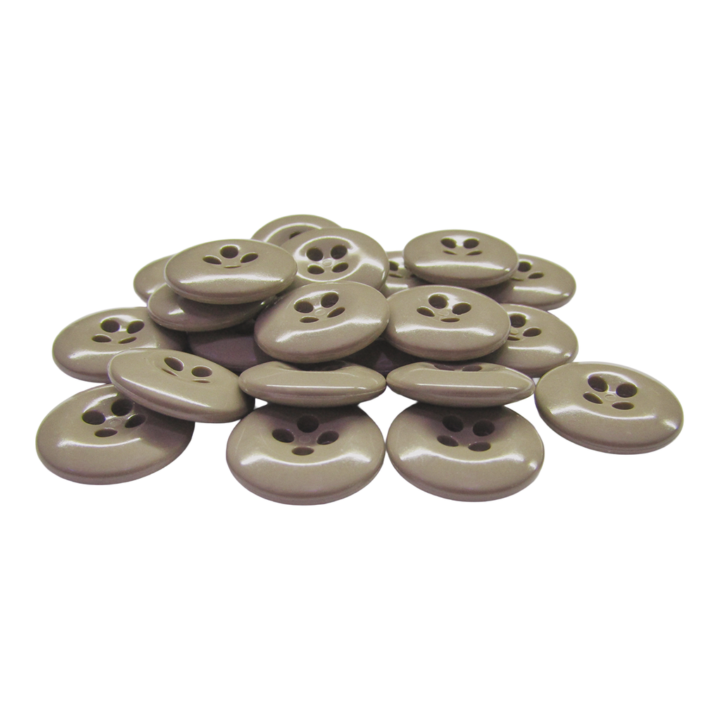 A pile of Work Pants Buttons—brown, shiny, four-hole plastic fasteners perfect for replacing buttons on industrial work pants—displayed on a white background.