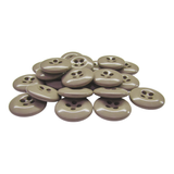 A pile of shiny, round Work Pants Buttons in brown, each with four holes, displayed on a white background.