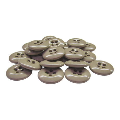 A pile of shiny, round Work Pants Buttons in brown, each with four holes, displayed on a white background.