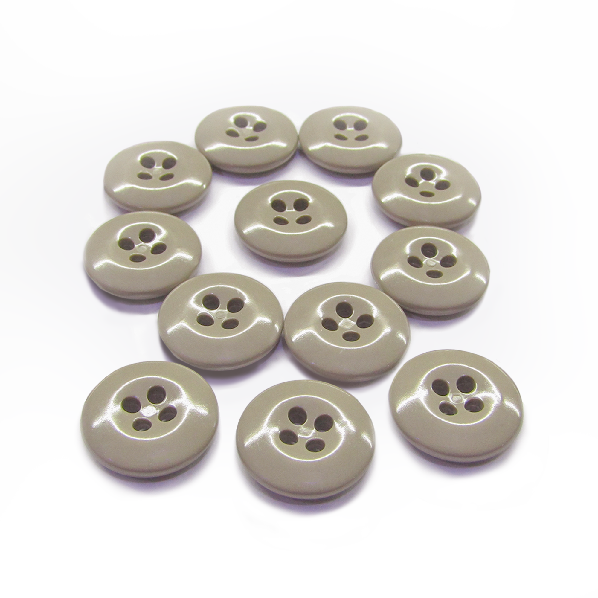 Twelve beige Work Pants Buttons with four holes are arranged in a circular pattern on a white background.