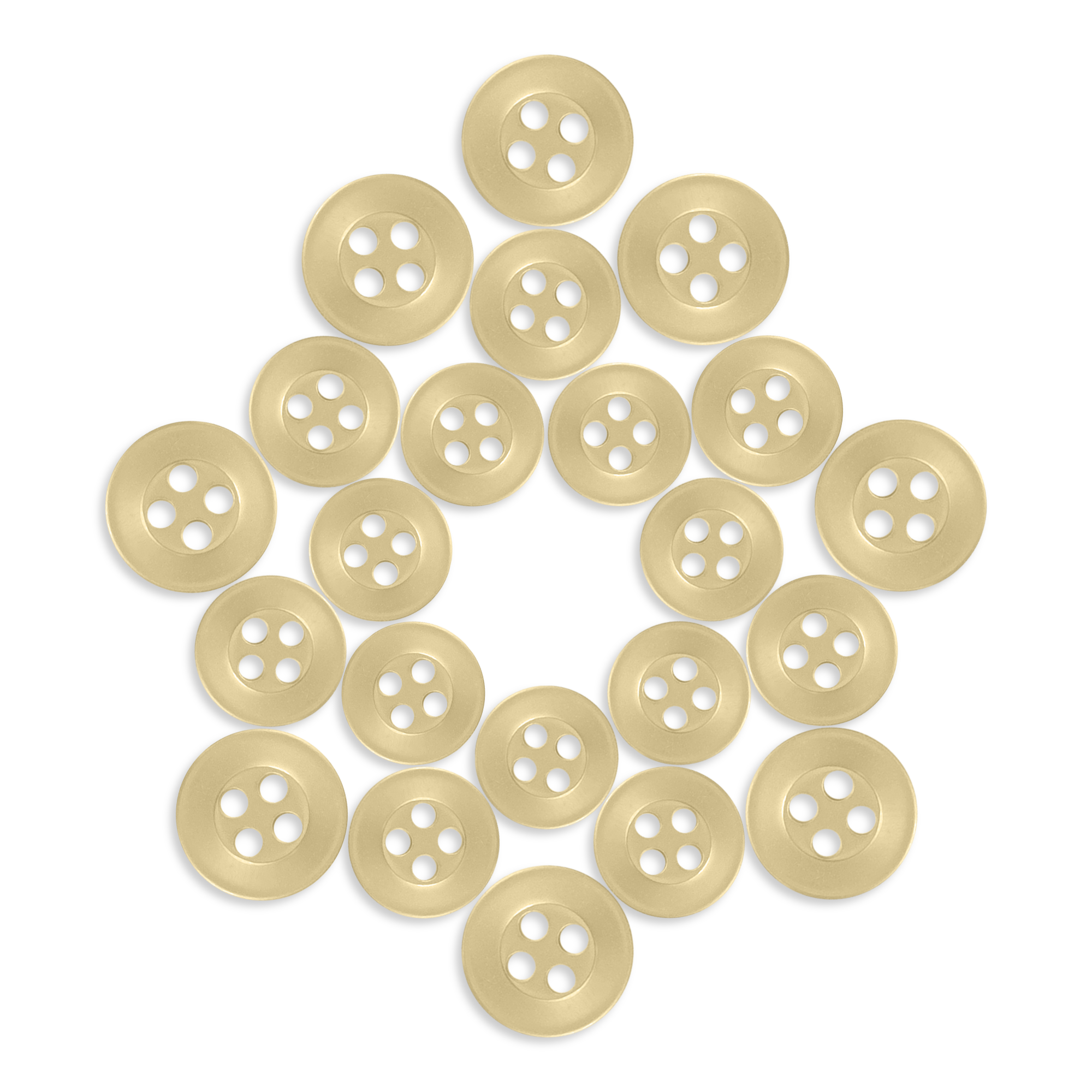 Twenty-four Replacement Shirt Buttons, made from durable poly-nylon, are arranged in a diamond shape on a white background—ideal for adding to any tailor’s kit.