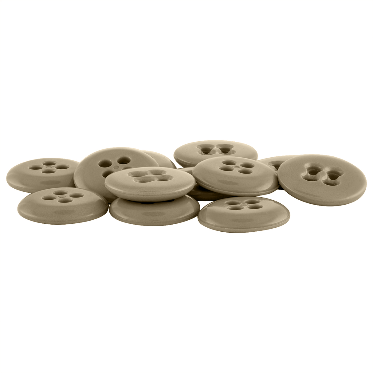 A pile of brown, round Suspender Brace Pant Buttons with four holes on a white background.