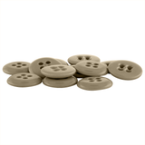 A pile of brown, round Suspender Brace Pant Buttons with four holes on a white background.