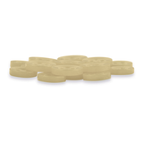 A pile of Replacement Shirt Buttons—small, round, light beige with four holes each—is neatly arranged on a white surface.