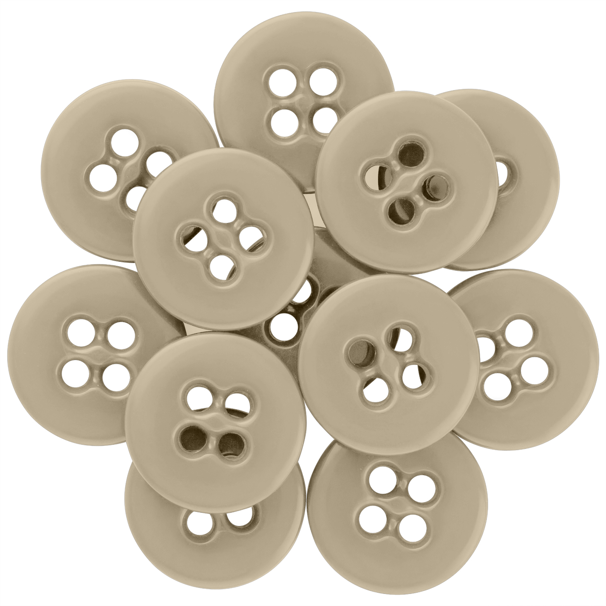 A cluster of overlapping beige Suspender Brace Pant Buttons with four holes, arranged in a circular pattern on a white background.