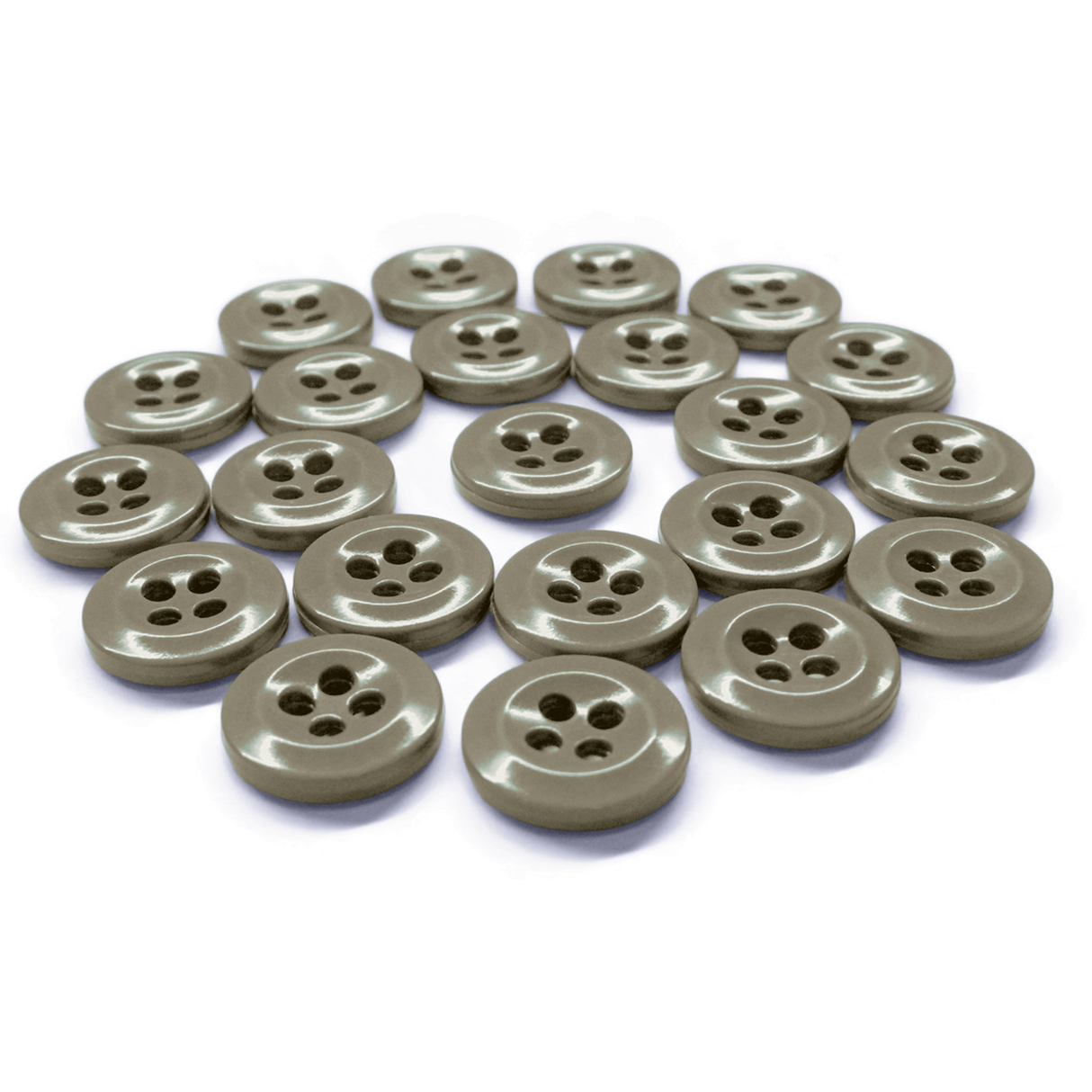 A set of shiny beige Work Shirt Buttons with four holes are grouped together on a white background.