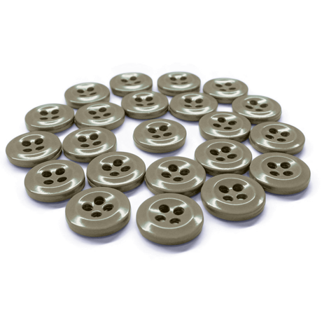 A set of shiny beige Work Shirt Buttons with four holes are grouped together on a white background.