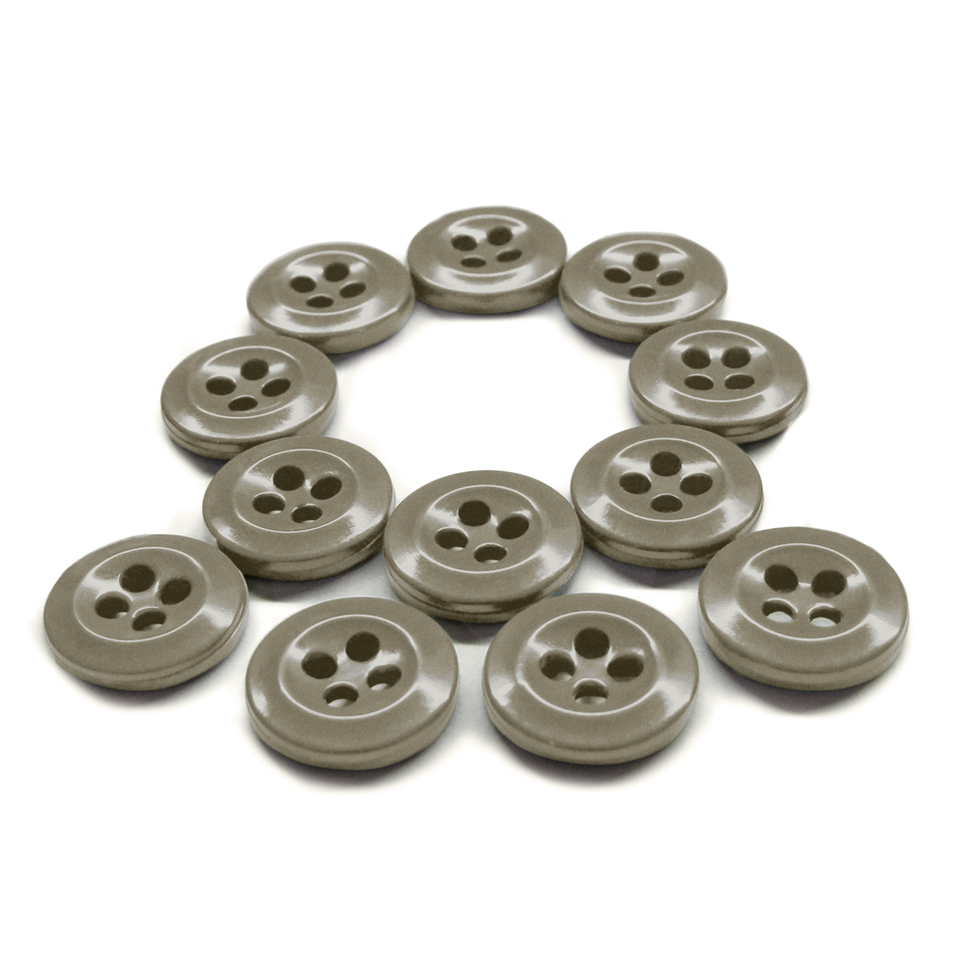 Twelve Work Shirt Buttons 12 Pack arranged in the shape of a question mark on a white background.