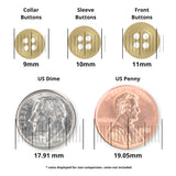 Three durable Replacement Shirt Buttons (9mm, 10mm, 11mm) shown above a US dime and penny for size comparison—ideal additions to your tailor’s button kit.