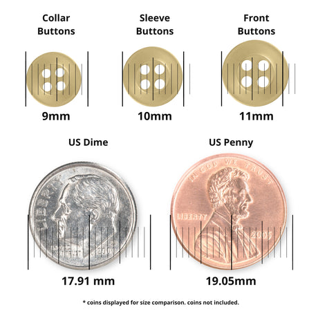 Three durable Replacement Shirt Buttons (9mm, 10mm, 11mm) shown above a US dime and penny for size comparison—ideal additions to your tailor’s button kit.