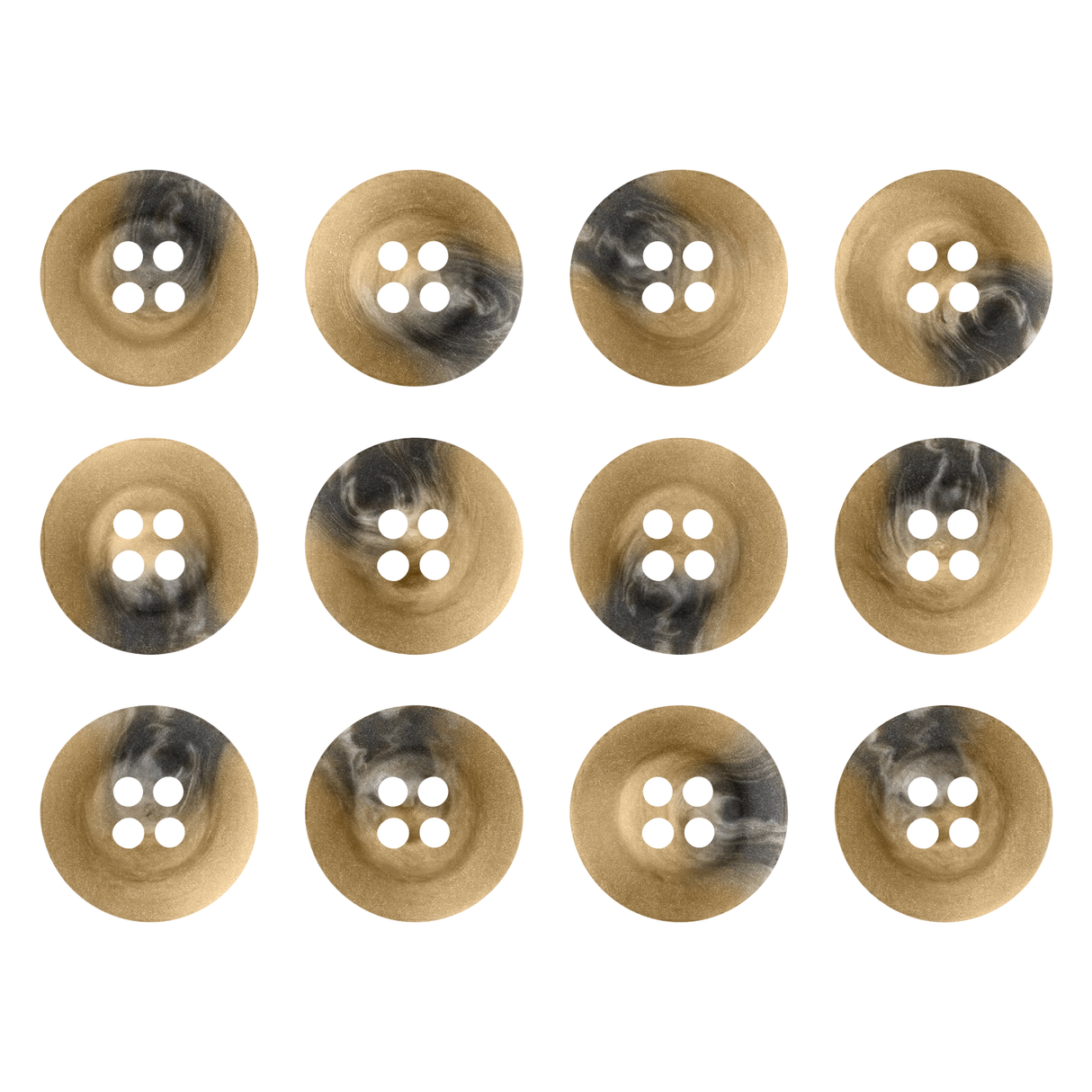 Twelve brown Khakis, Chinos and Casual Cotton Pant Buttons with four holes each, some with a black marbled pattern, arranged in a grid—ideal replacement buttons for your casual cotton pants.