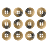 Twelve brown Khakis, Chinos and Casual Cotton Pant Buttons with four holes each, some with a black marbled pattern, arranged in a grid—ideal replacement buttons for your casual cotton pants.