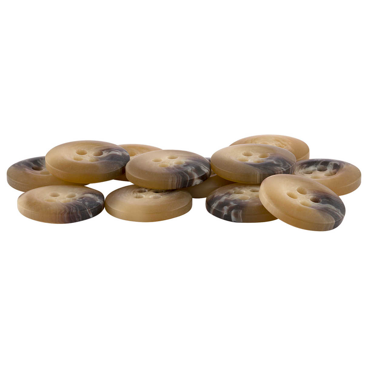 A pile of round, tan and brown marbled Khakis, Chinos and Casual Cotton Pant Buttons on a white background—ideal as stylish replacement buttons or for use as khaki buttons.