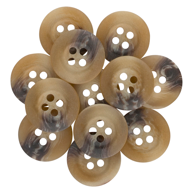 A stack of brown marbled Khakis, Chinos and Casual Cotton Pant Buttons with four holes on a white background—perfect replacement buttons for trousers or khakis.