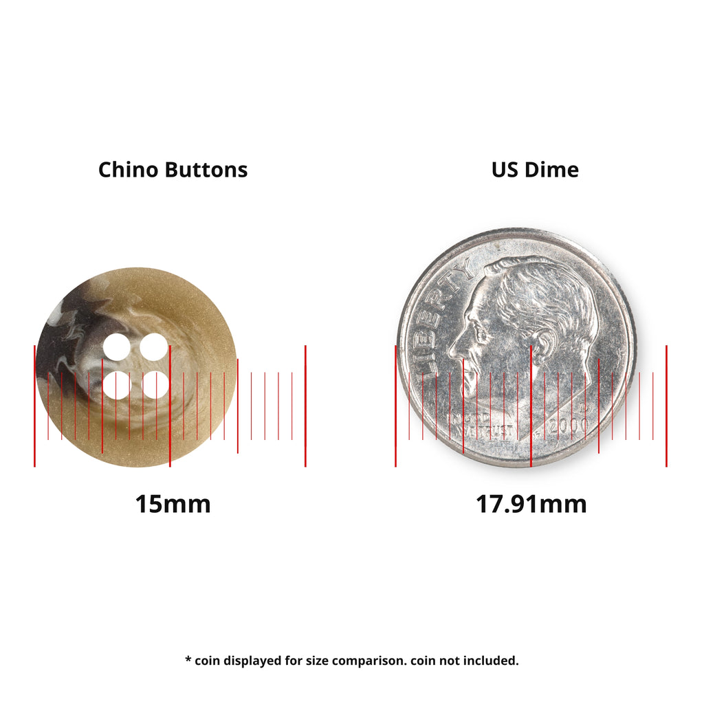 A Khakis, Chinos and Casual Cotton Pant Button in durable nylon (15mm, black) is shown next to a 17.91mm US dime with red measurement lines for size comparison.