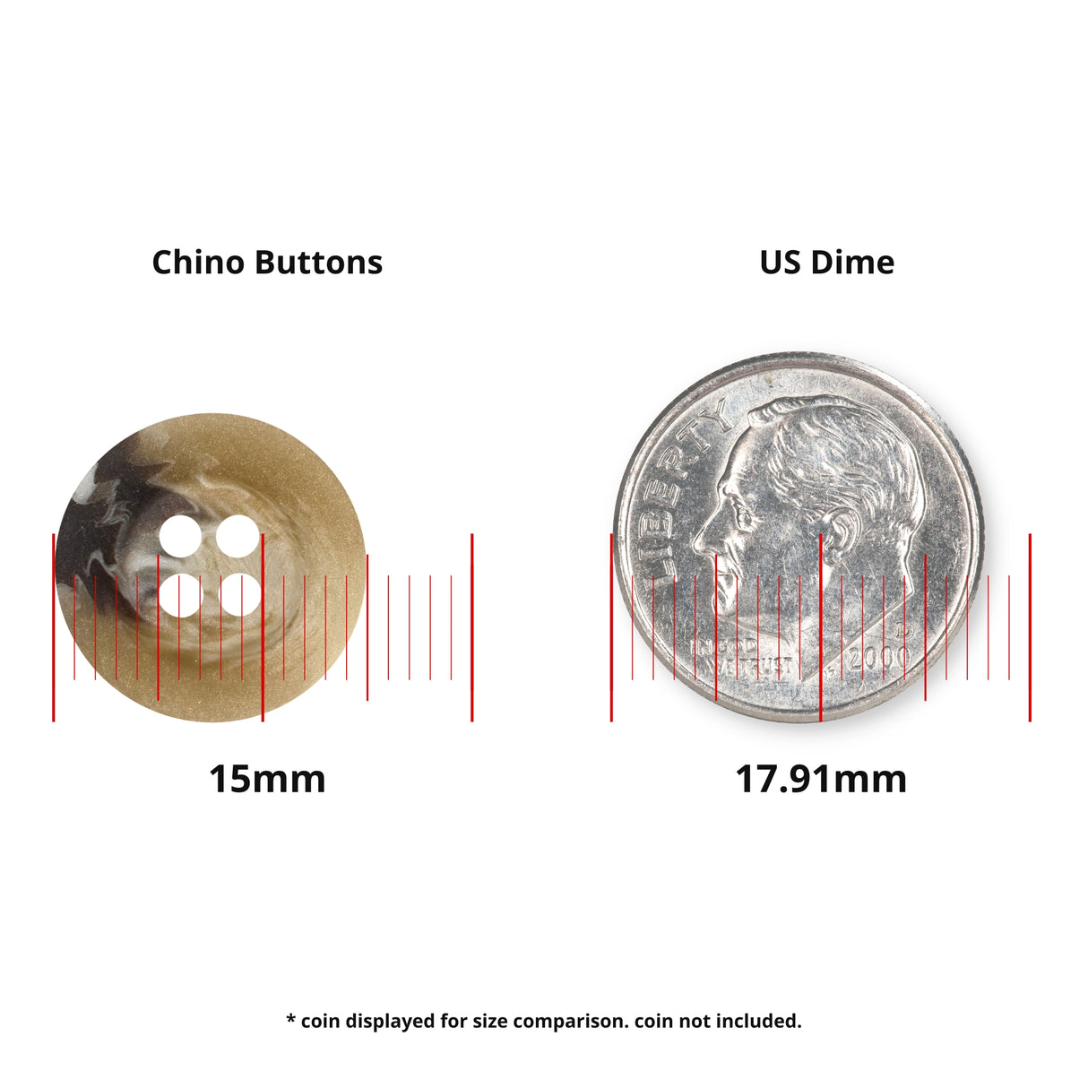 A Khakis, Chinos and Casual Cotton Pant Button in durable nylon (15mm, black) is shown next to a 17.91mm US dime with red measurement lines for size comparison.