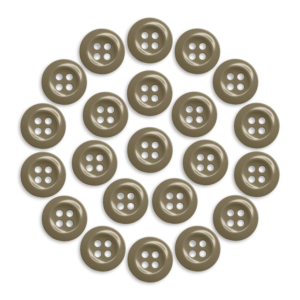 Twenty-two brown Work Shirt Buttons from the 22 Pack are arranged in a circular pattern on a white background.