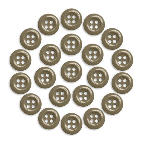 Twenty-four Work Shirt Buttons in brown are displayed in a circular pattern on a white background.