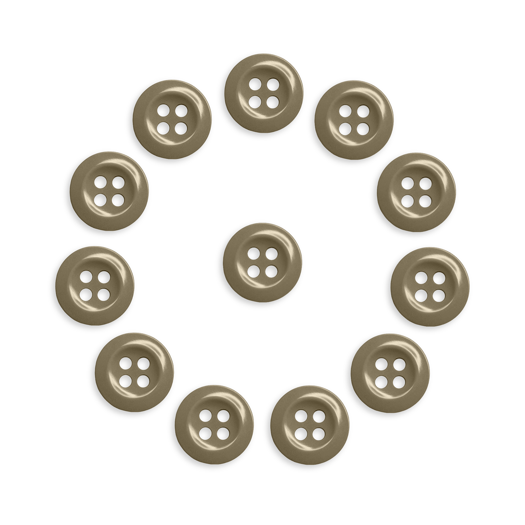 The Work Shirt Buttons 12 Pack features twelve industrial-strength buttons arranged in a circle with one centered, all on a white background.