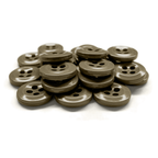 A stack of Work Shirt Buttons 22 Pack, industrial strength and brown, displayed on a white background.