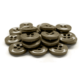 A pile of brown Work Shirt Buttons, each with four holes and made of plastic, displayed on a white background.
