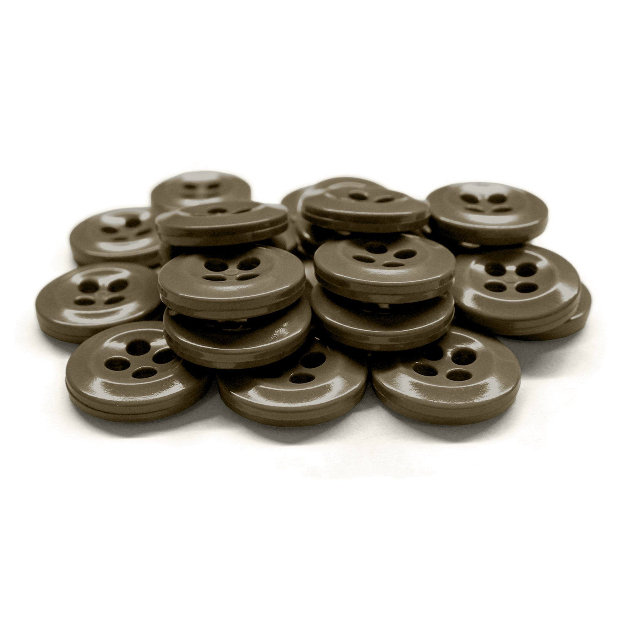 A pack of 12 brown, four-hole Work Shirt Buttons shown on a white background.