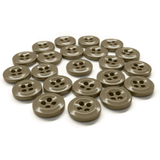 Work Shirt Buttons in brown with four holes are neatly arranged in a slightly curved line on a white background.
