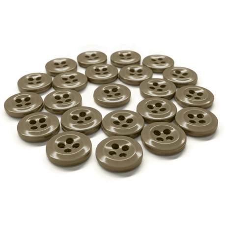 Work Shirt Buttons in brown with four holes are neatly arranged in a slightly curved line on a white background.