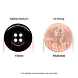 A Commercial Food Service Button in black nylon is shown next to a US penny, both having similar diameters: the button measures 19mm and the penny 19.05mm.