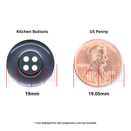 A Commercial Food Service Button in black nylon (19mm), perfect for work uniforms, is shown next to a 19.05mm US penny for size comparison.