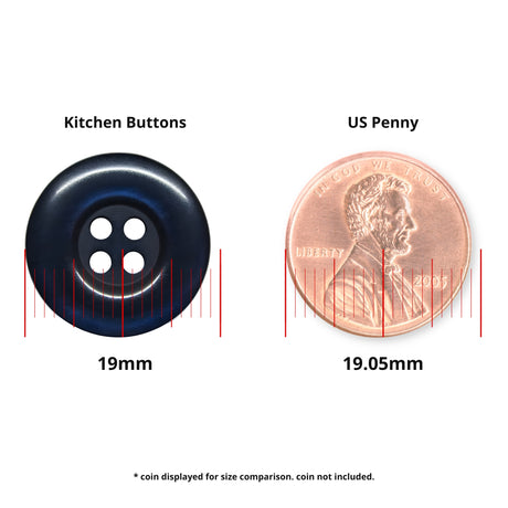 Commercial Food Service Buttons (19mm) and a US penny (19.05mm) are shown side by side for a simple size comparison.