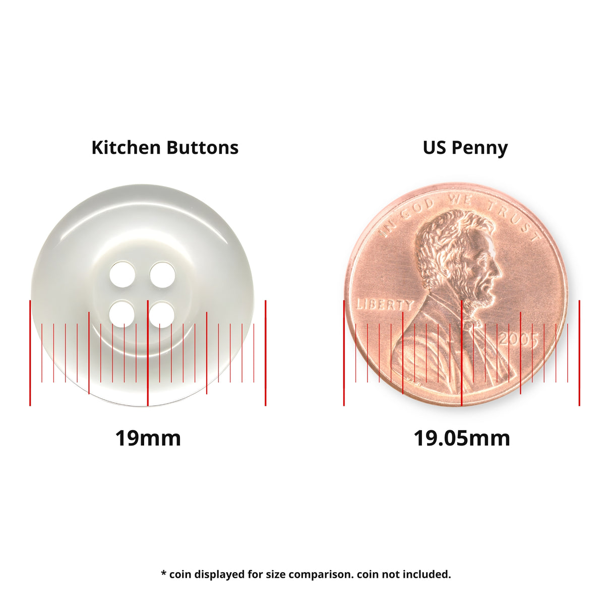 A white Commercial Food Service Button, 19mm in diameter, shown next to a 19.05mm US penny for size reference. Perfect as a work uniform button.