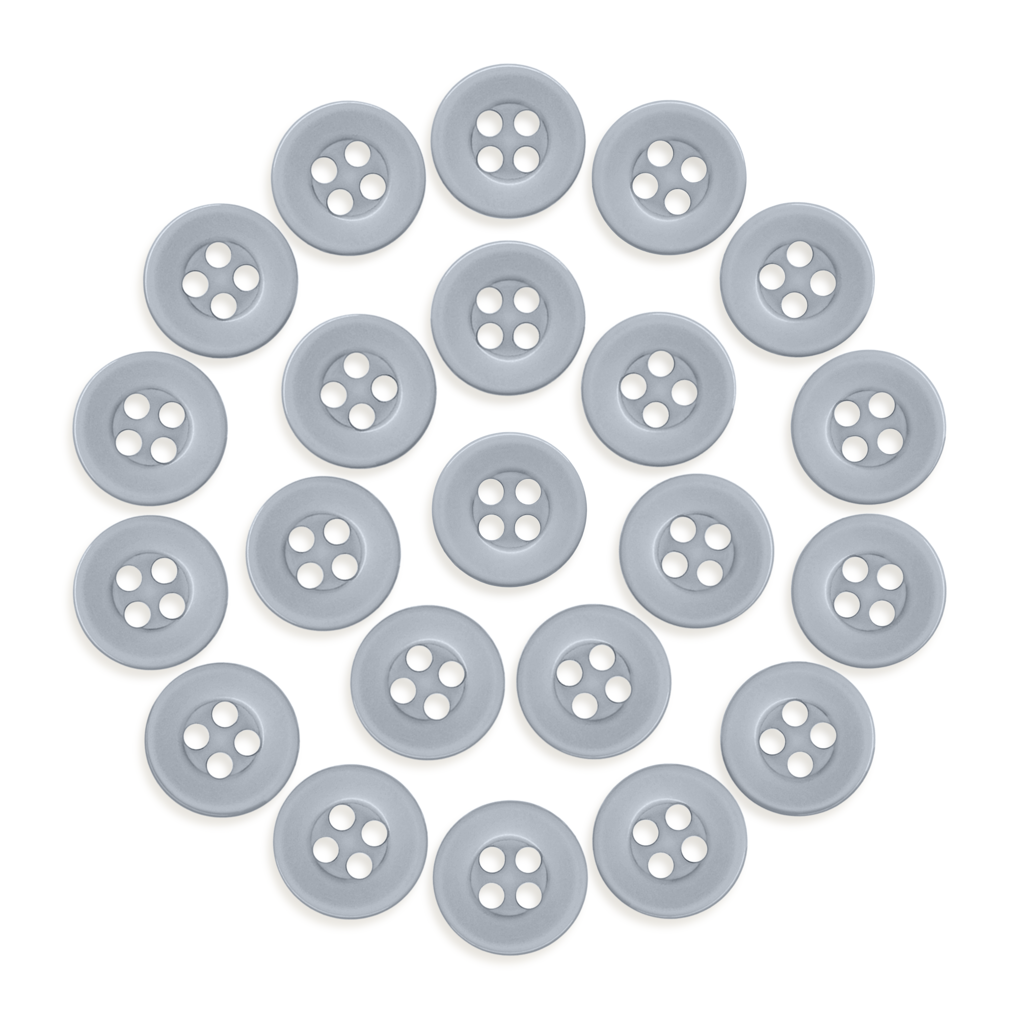 Twenty-four Workshop Uniform Shirt Buttons made of durable nylon, arranged in a circular pattern on a white background.